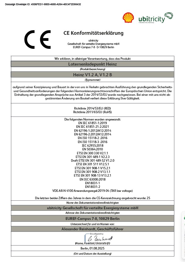 Teaser of the CE confirmation of conformity for ubitricity's lamppost charger Heinz for Germany (V2).