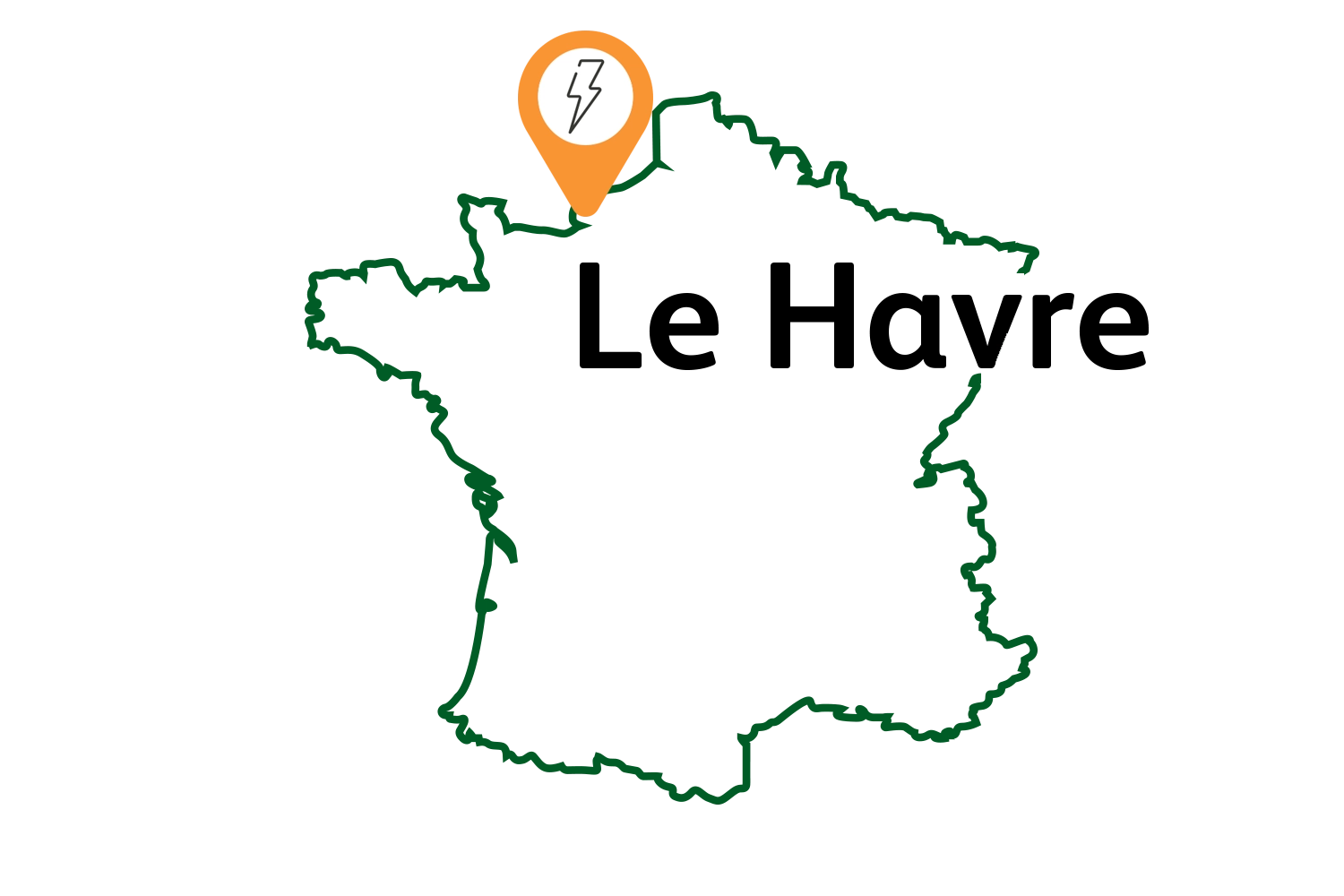 Représentation schématique d'une carte de France avec mise en évidence du réseau public de recharge pour voitures électriques au Havre.