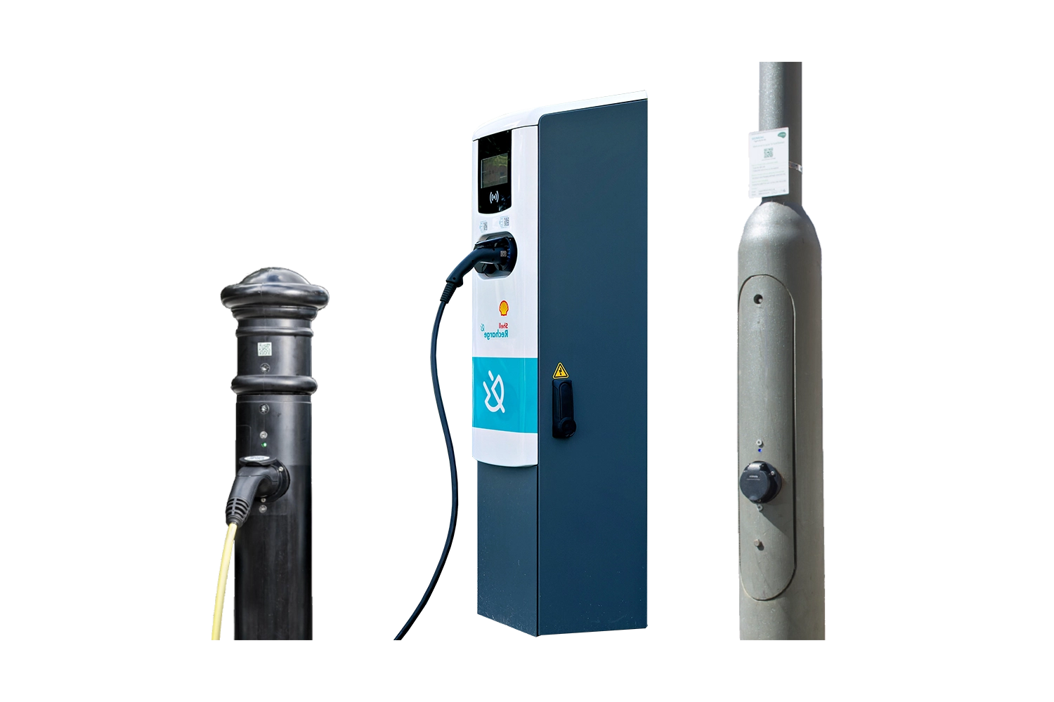 ubitricity prodcut portfolio of public charging solutions with EV lamppost charge points, fast charger sand bollard charging stations.