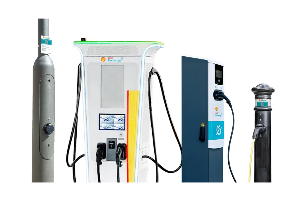 ubitricity prodcut portfolio of Shell Recharge branded public charging solutions with EV lamppost charge points, fast charger sand bollard charging stations.