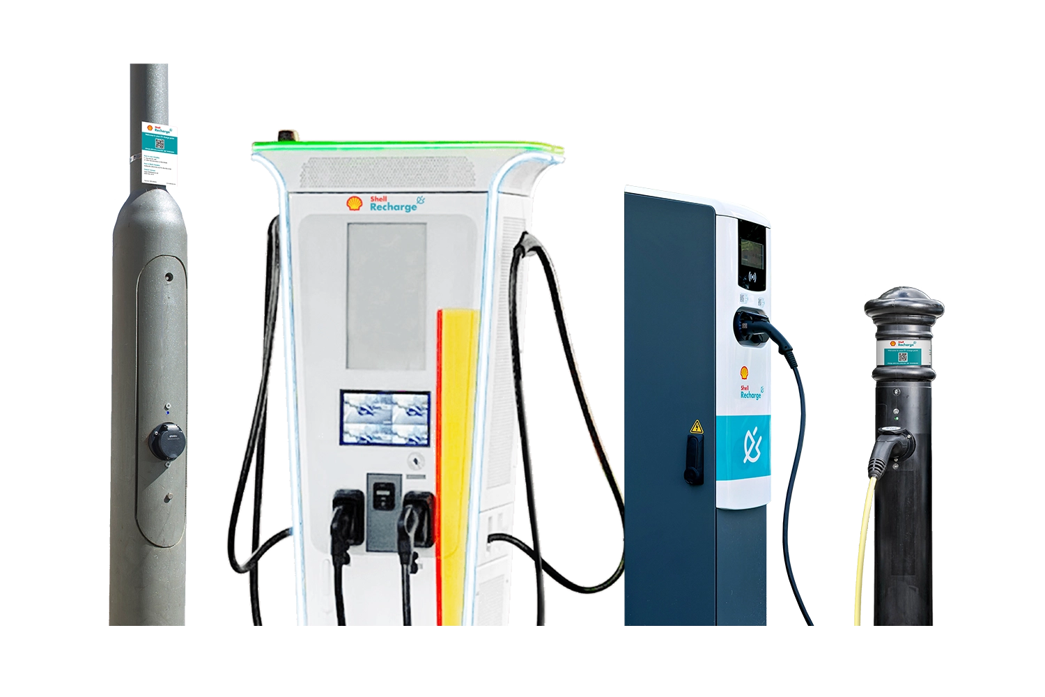 ubitricity prodcut portfolio of Shell Recharge branded public charging solutions with EV lamppost charge points, fast charger sand bollard charging stations.