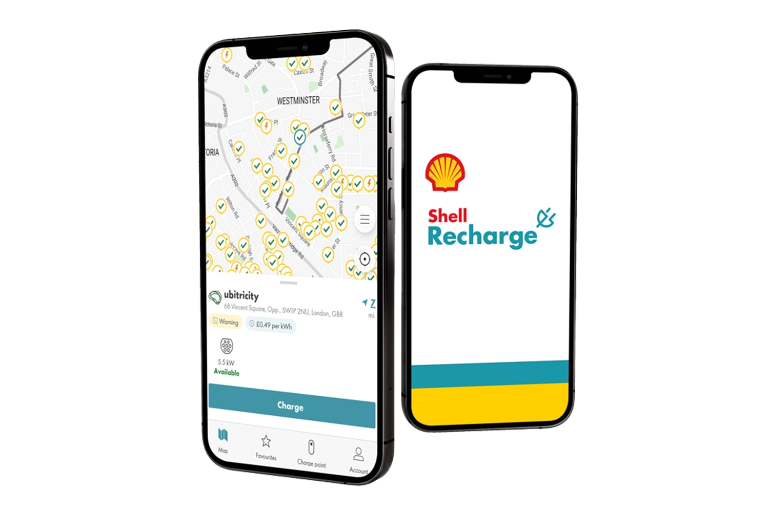 Two smartphone screens show ubitricity's charging stations in the Shell Recharge App, used by EV drivers when asking how to charge an electric vehicle in public.