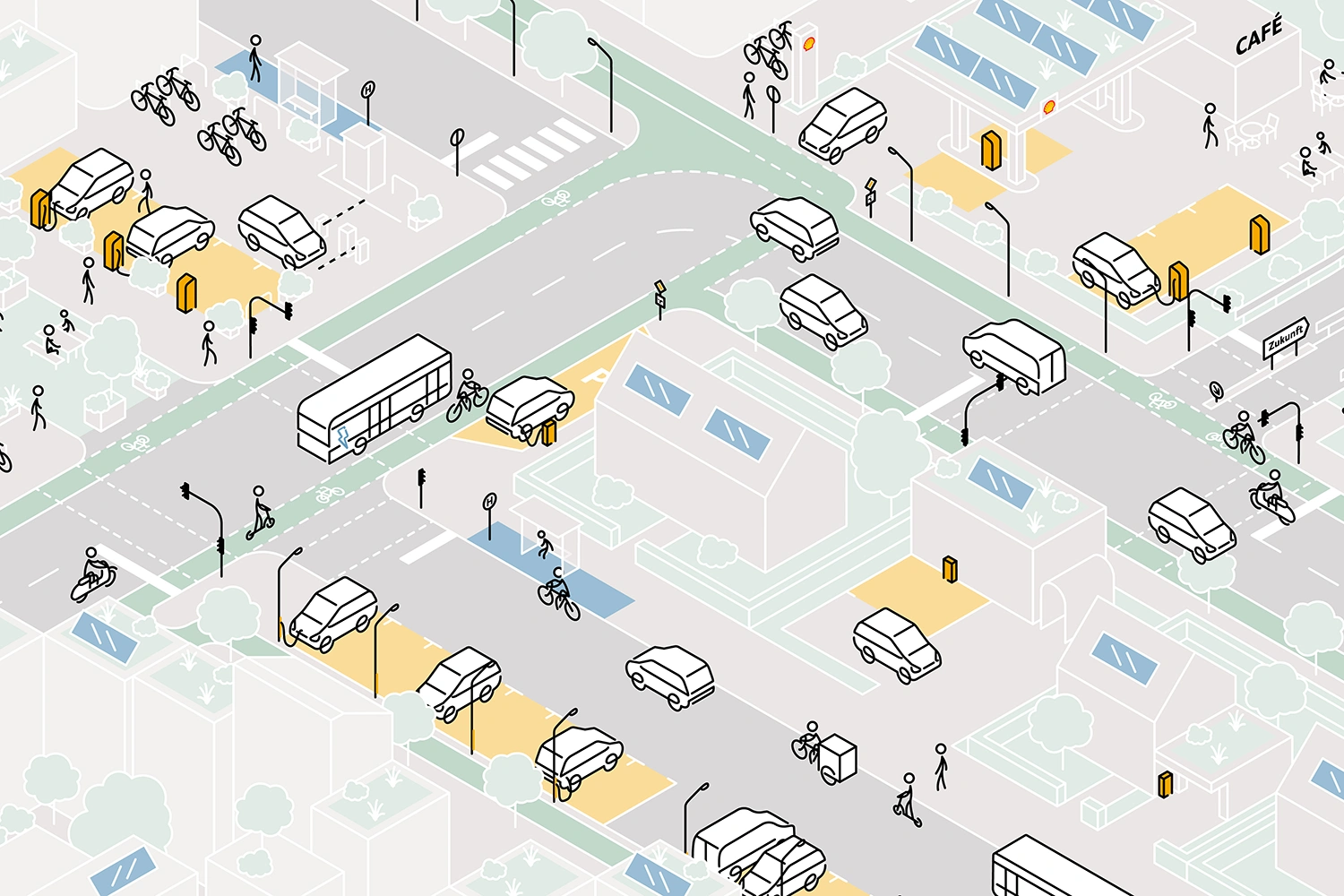 Schematische Darstellung des öffentlichen Raums in einer Stadt im Jahr 2030 mit einem flächendeckenden Netz aus öffentlichen Ladestationen.