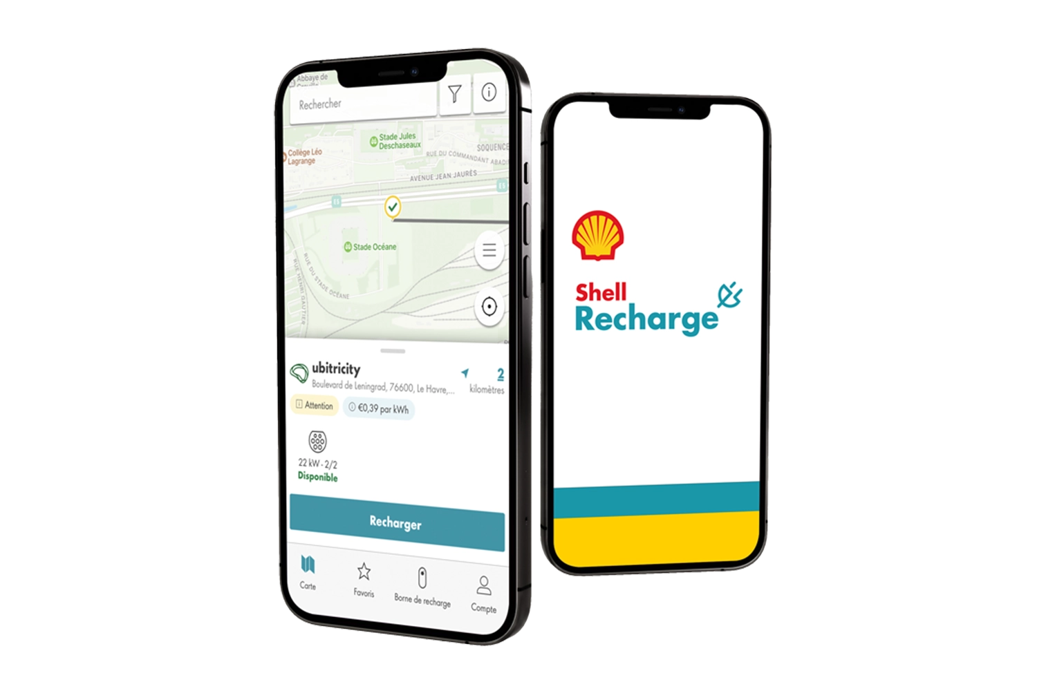 Extrait du réseau de recharge Shell Recharge sur un smartphone avec une borne de recharge publique exploitée par ubitricity.