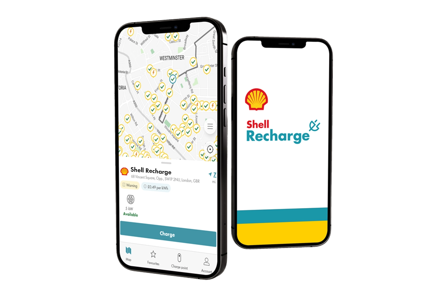 Two smartphone screens showing the Shell Recharge App interface for locating ubitricity-operated EV charging stations in the UK.