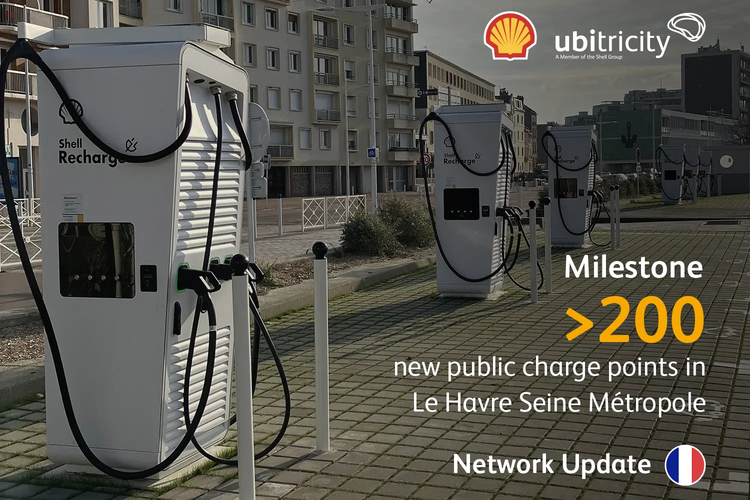 Teaser image for the news of more than 200 new chargers installed in Le Havre, France, showing six DC rapid chargers