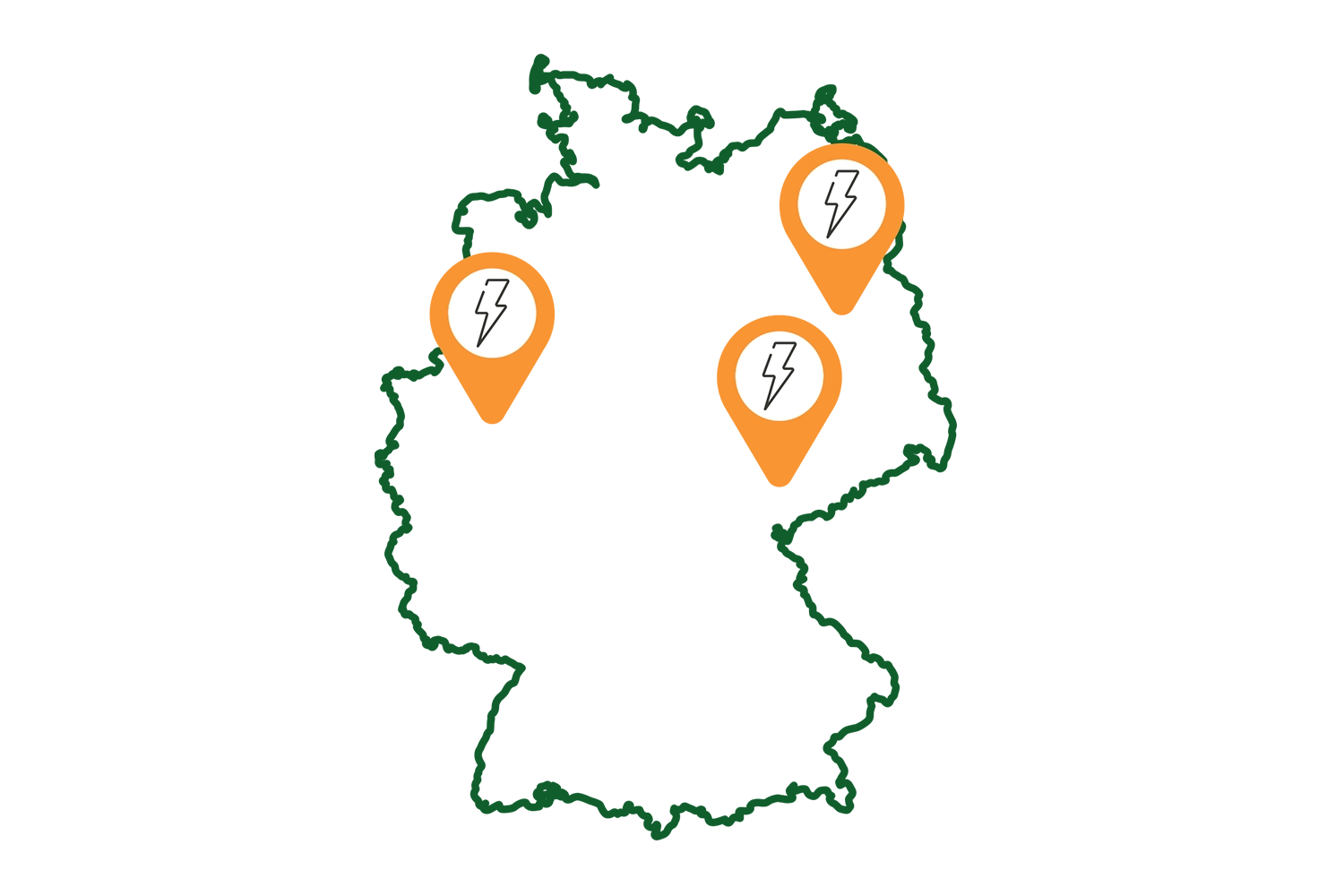 Schematische Deutschland-Karte mit Pins, welche die Projekte des Ladepunktanbieters und -betreibers Shell ubitricity verdeutlichen.