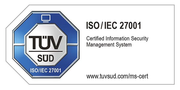 Logo of the Tüv-ISO 27001 certification, whose standards ubitricity meets.