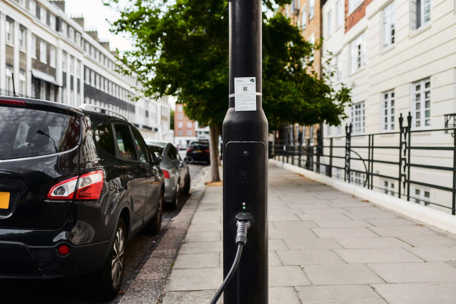 Close-up of an ubitricity EV lamppost charge point in Camden, London.